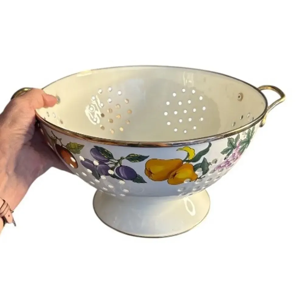 Vintage Porcelain Enamel Lined Fruit Print Colander by Tabletops Unlimited